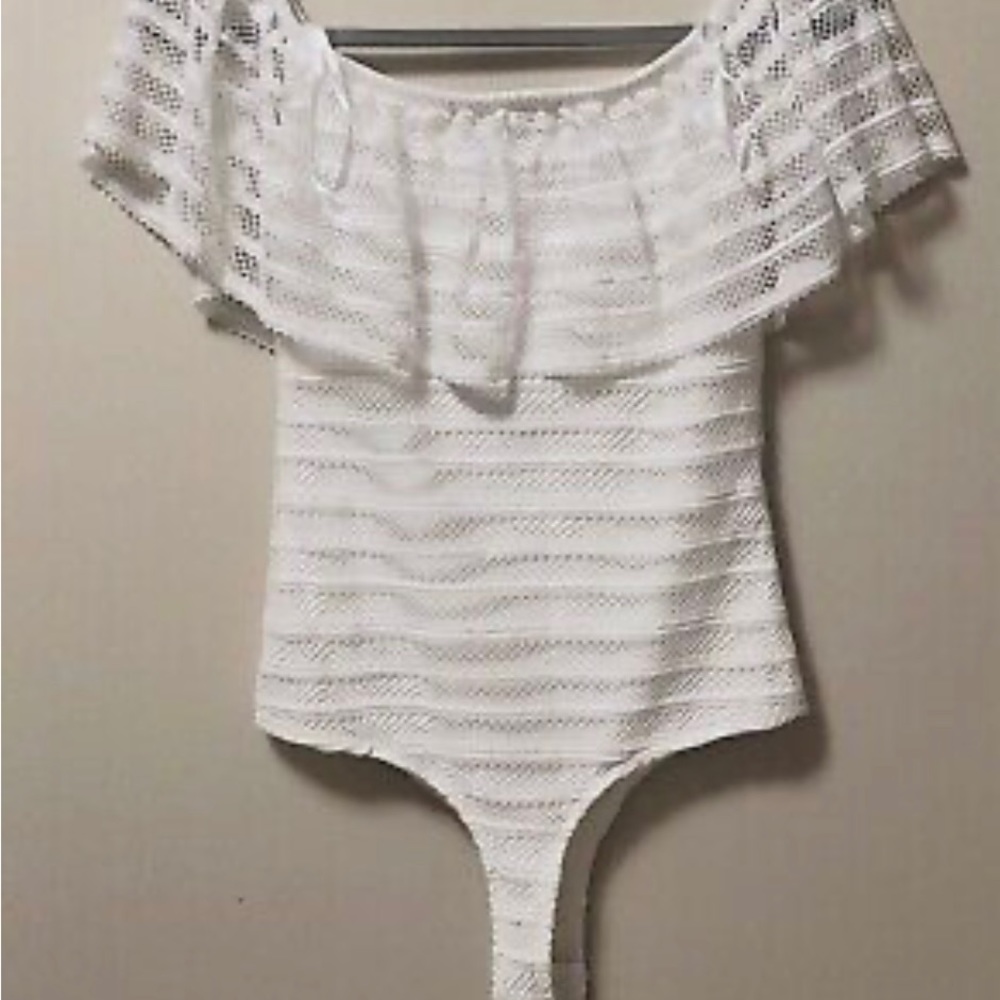 Bcbgmaxazria Tops Bcbgmaxazria Lace
Ruffle Off The Shoulder Bodysuit In...